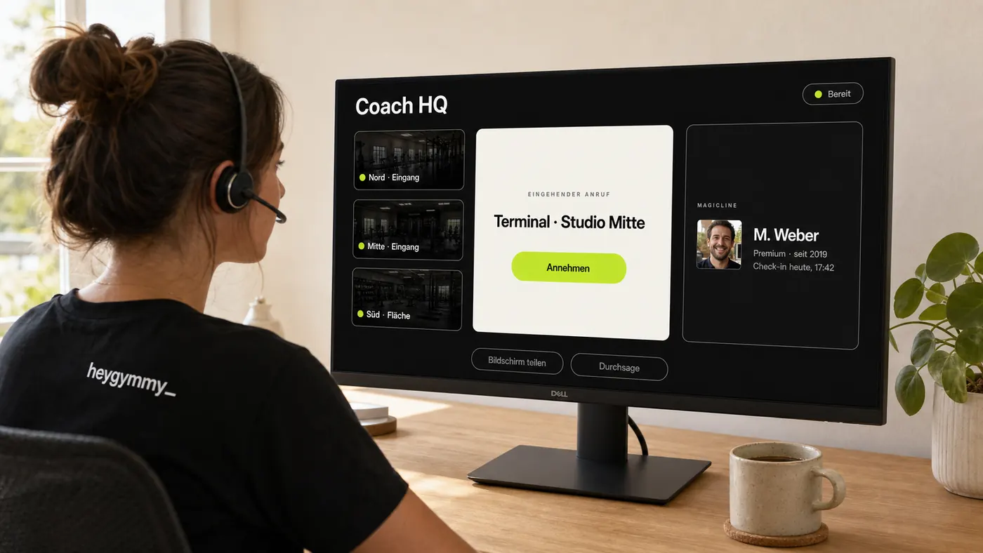 Coach im Home-Office vor dem Coach HQ: Studio-Kameras, eingehender Anruf, Magicline-Mitgliedspanel